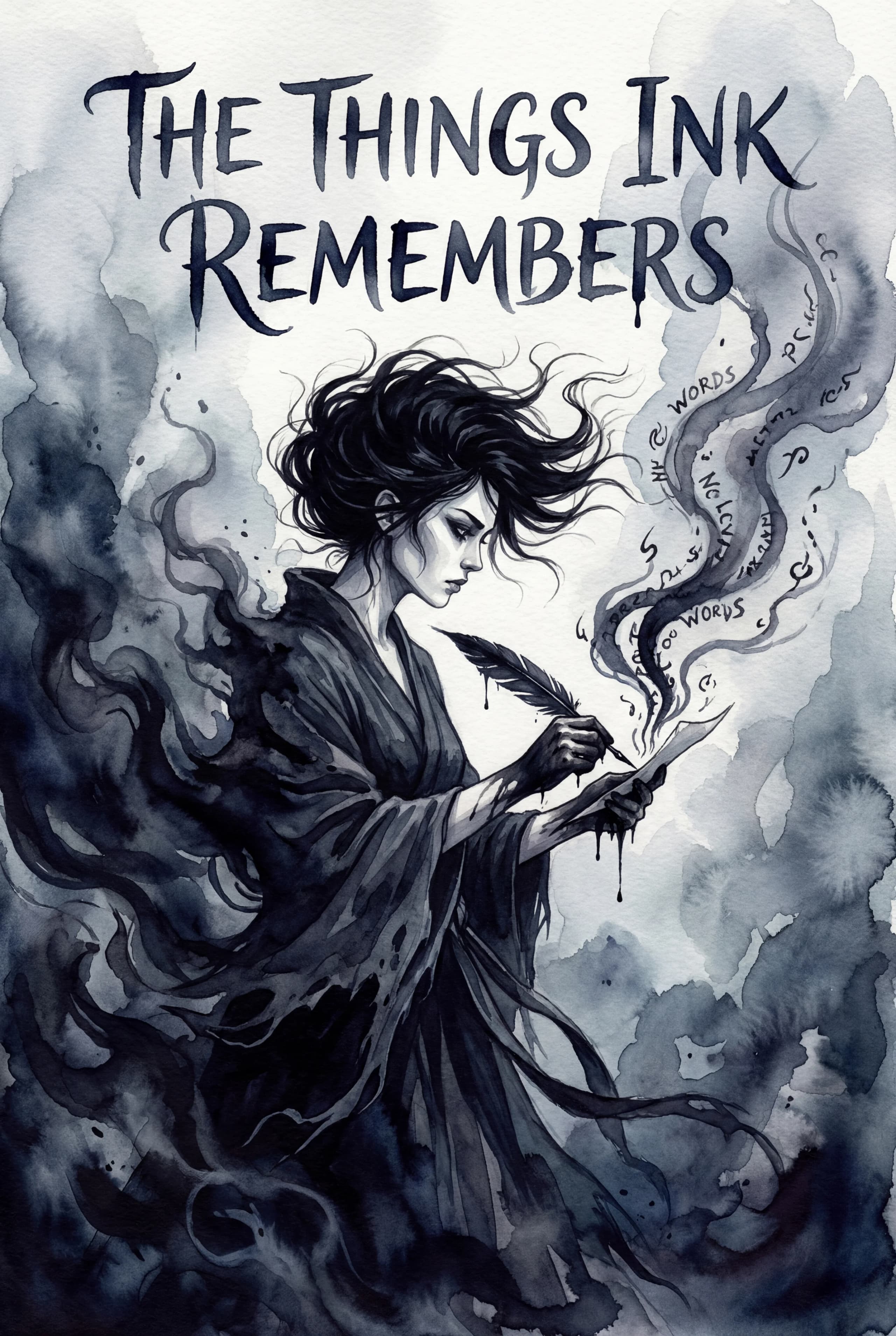 Book cover "THE THINGS INK REMEMBERS" with ink wash illustration showing a female figure holding a quill, swirling ink patterns, and dripping ink effects in monochrome black and grey