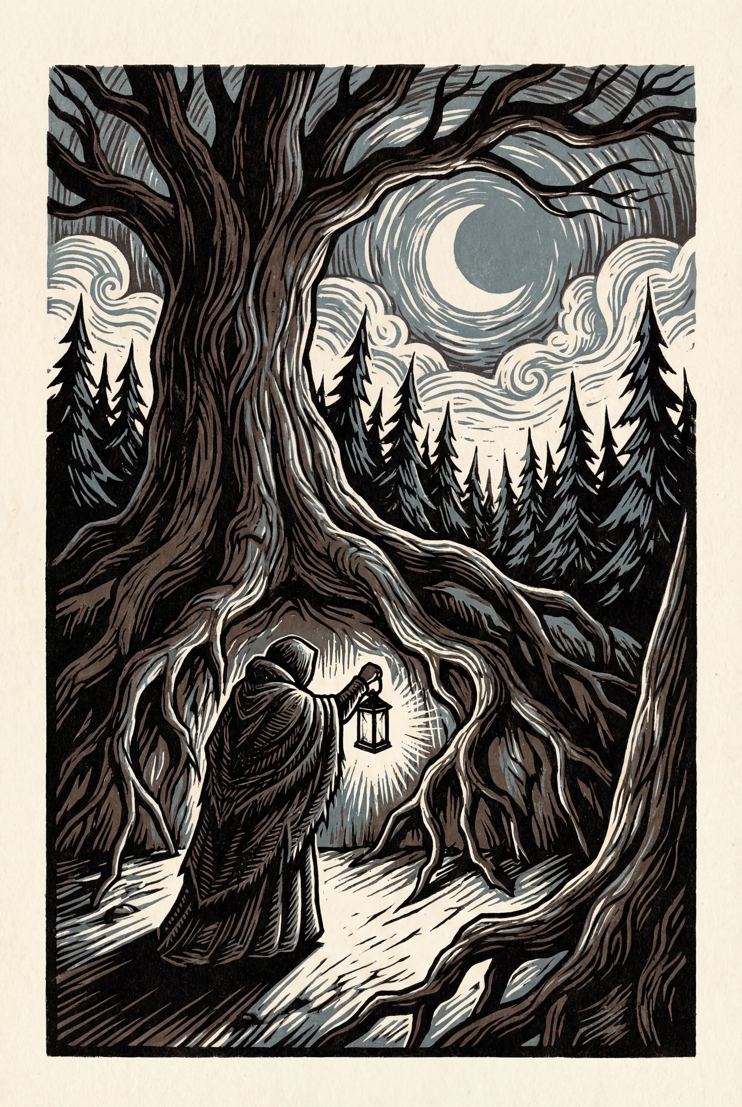 Woodcut style illustration of a solitary traveler in a cloak standing beneath gnarled tree roots holding a lantern, with stylized pine trees and crescent moon in the background, high contrast black and white print style