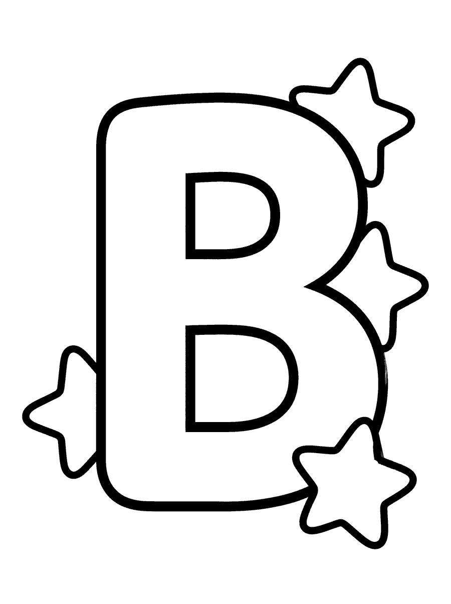 Alphabet coloring page: a bold outlined letter B with stars