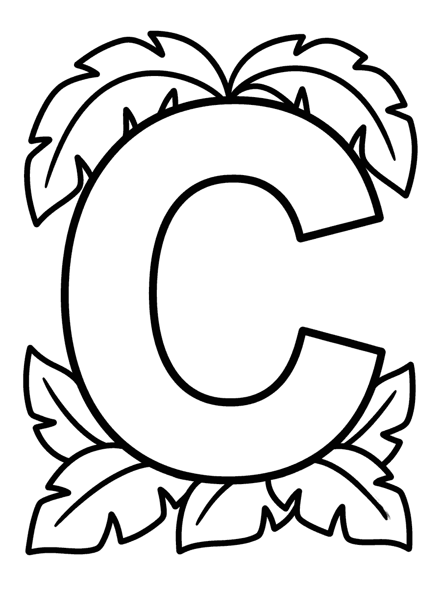 Alphabet coloring page: a bold outlined letter C framed by leaves