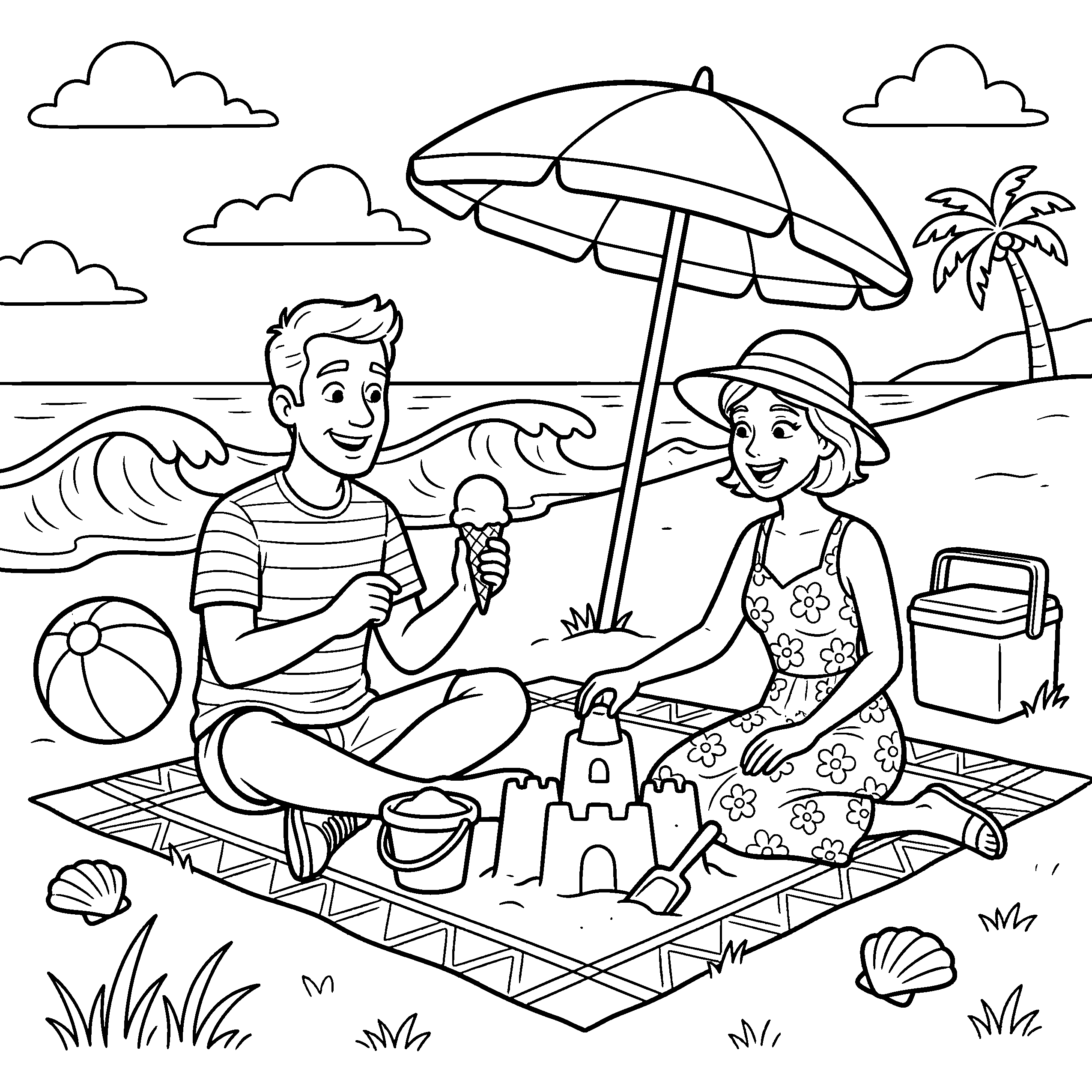 Couple at beach coloring page with sandcastle and umbrella