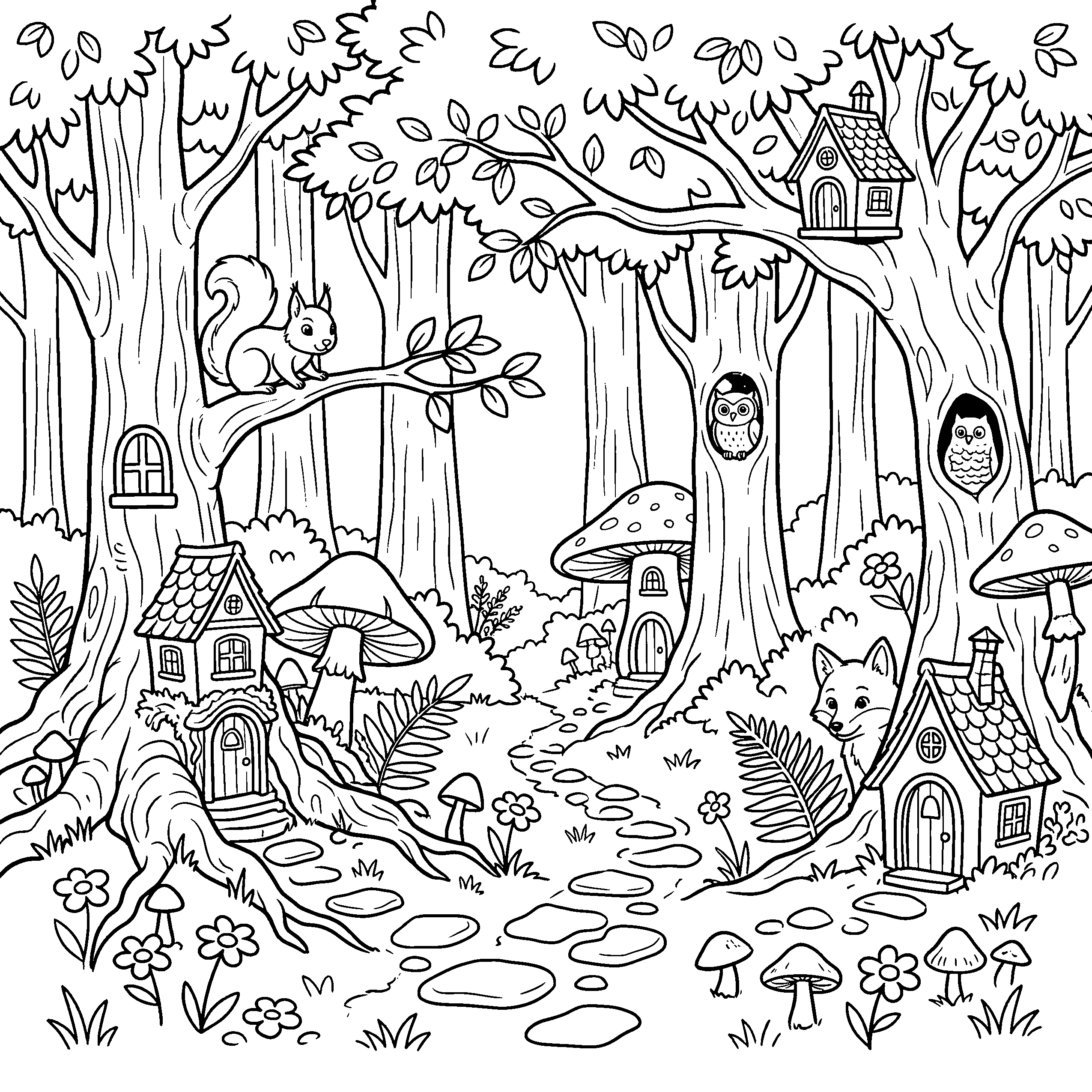 Enchanted forest coloring page with mushroom houses and animals