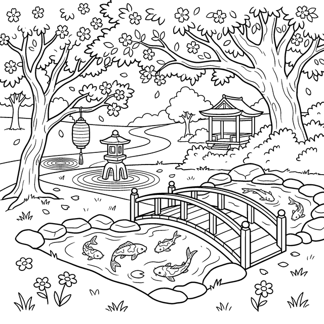 Japanese garden coloring page with koi pond bridge and cherry blossoms