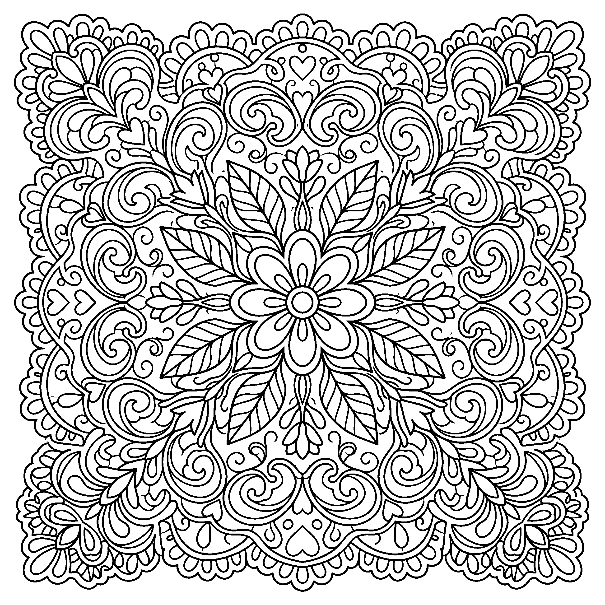 Mandala coloring page with floral hearts and swirls