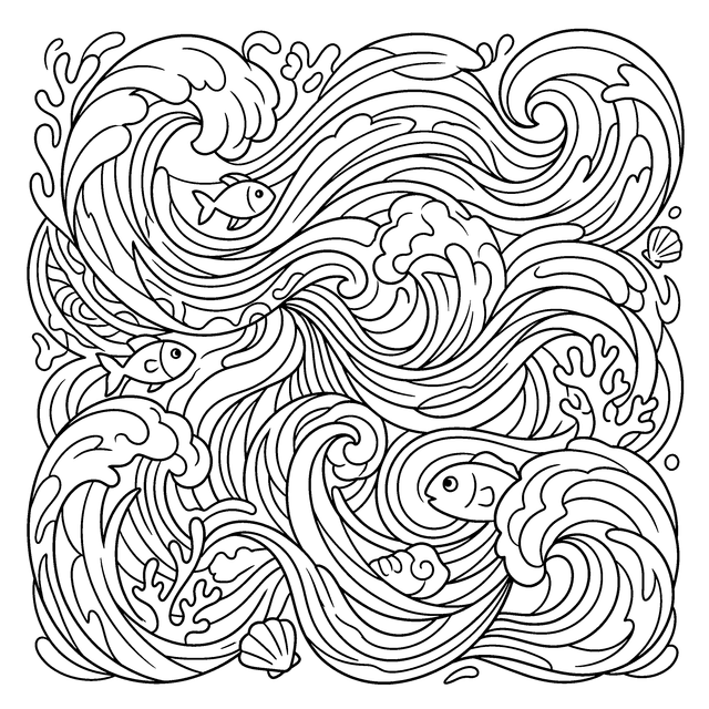 Ocean waves coloring page with fish and seashells