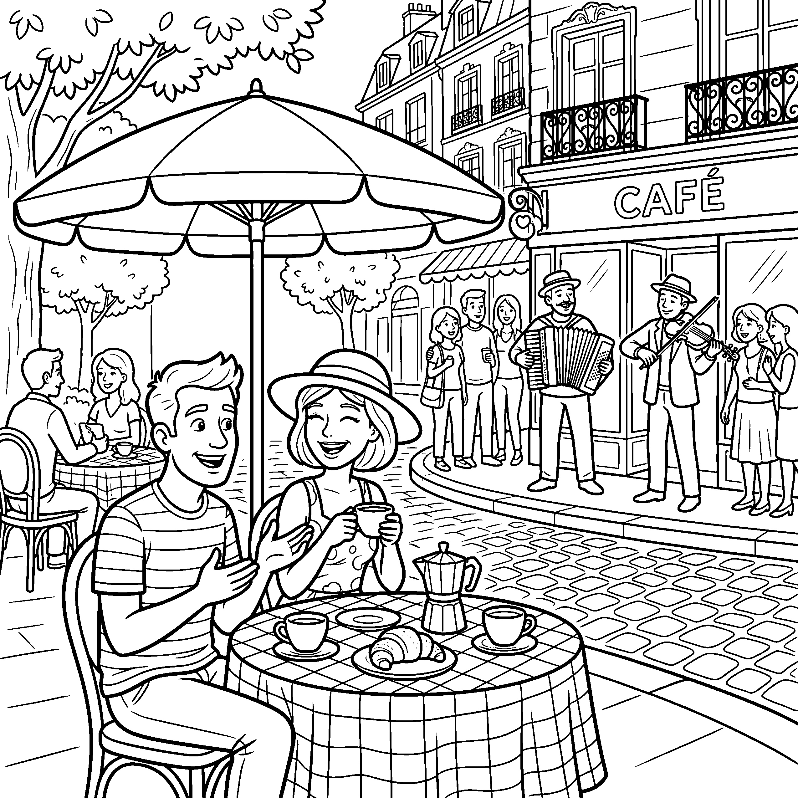 Paris cafe coloring page with couple and street musicians