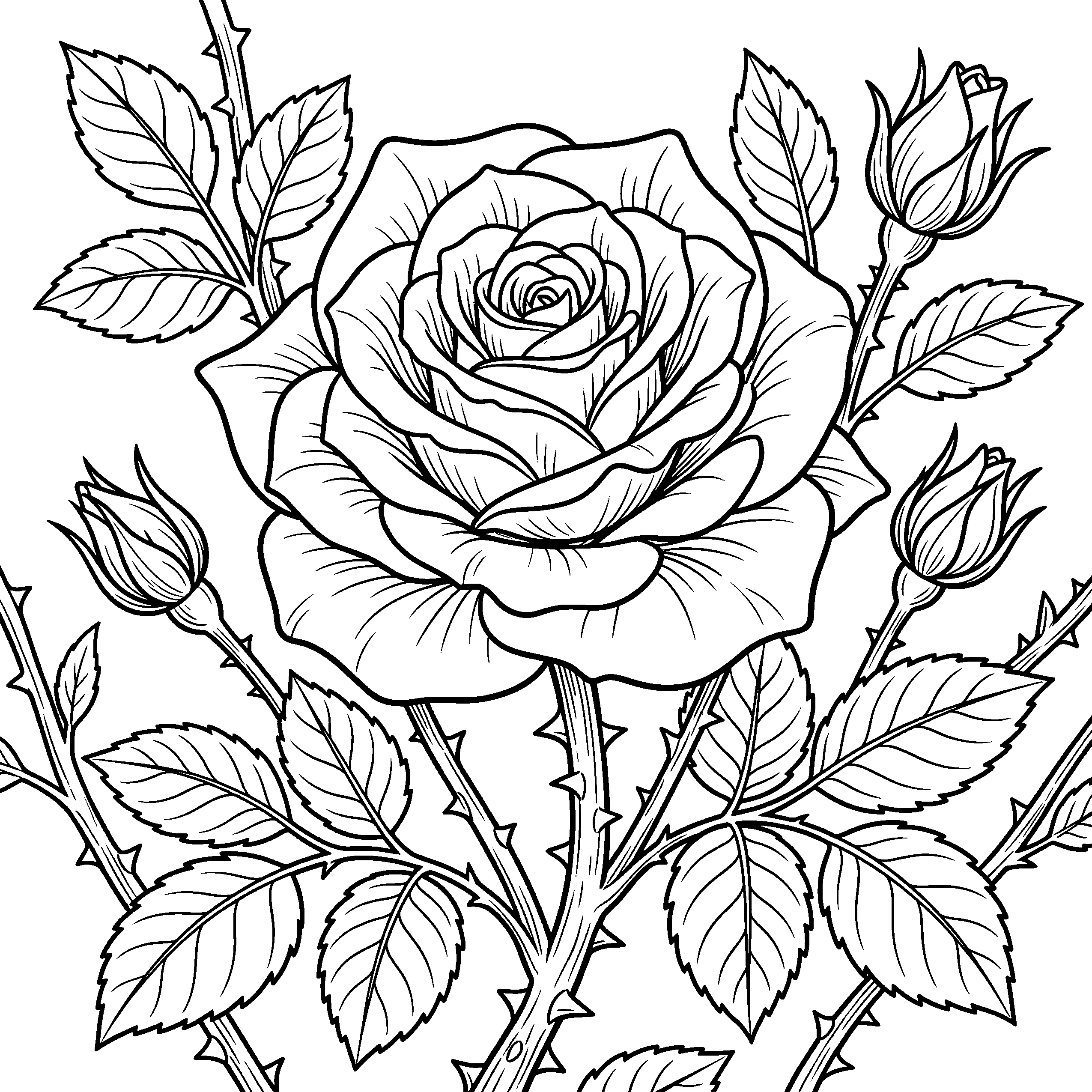 Rose bloom coloring page with buds and thorns