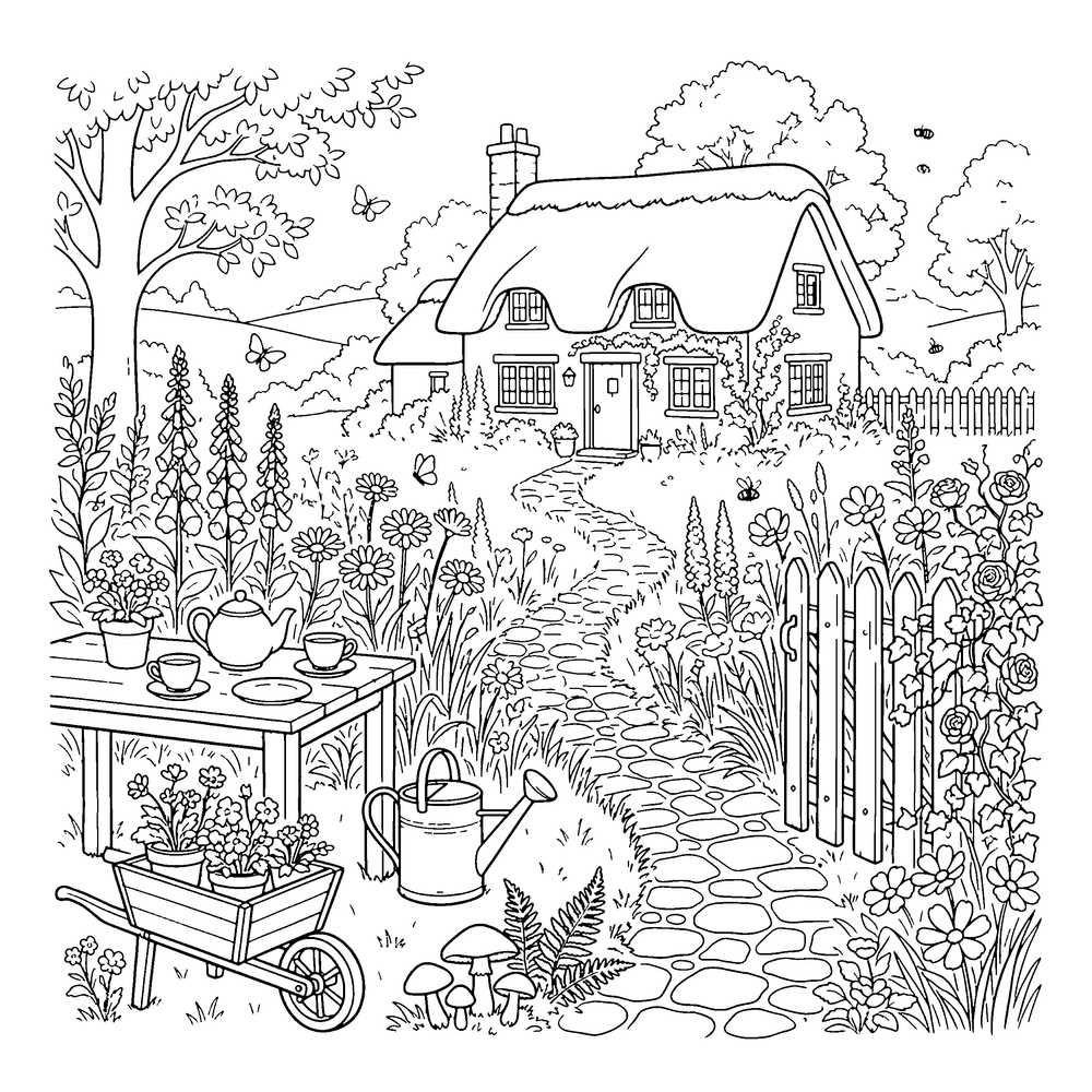 Cottagecore coloring page: wildflower meadows and cottage gardens