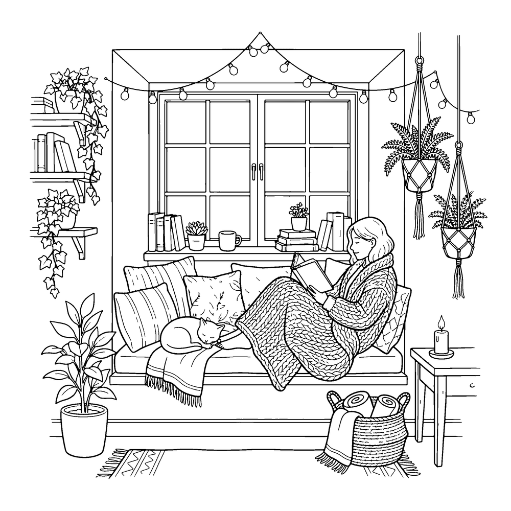 Cozy / Hygge style coloring page example