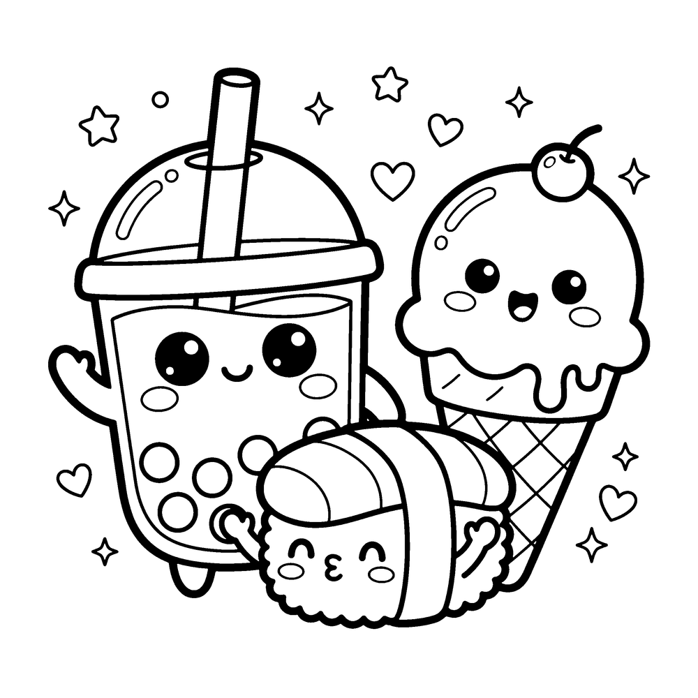 Kawaii coloring page: smiling food characters like sushi, boba, and ice cream
