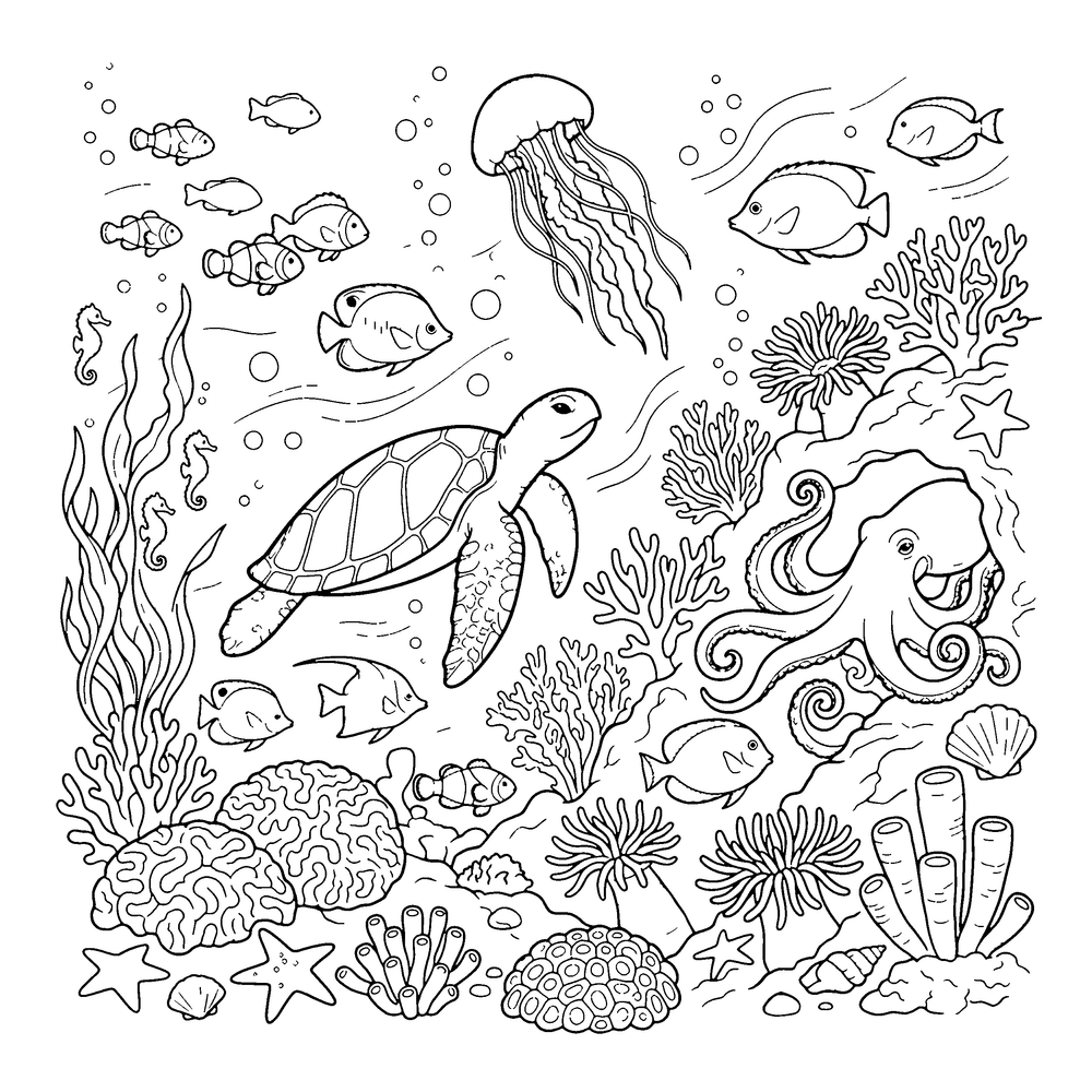 Ocean / Underwater coloring page: coral reef scenes packed with fish