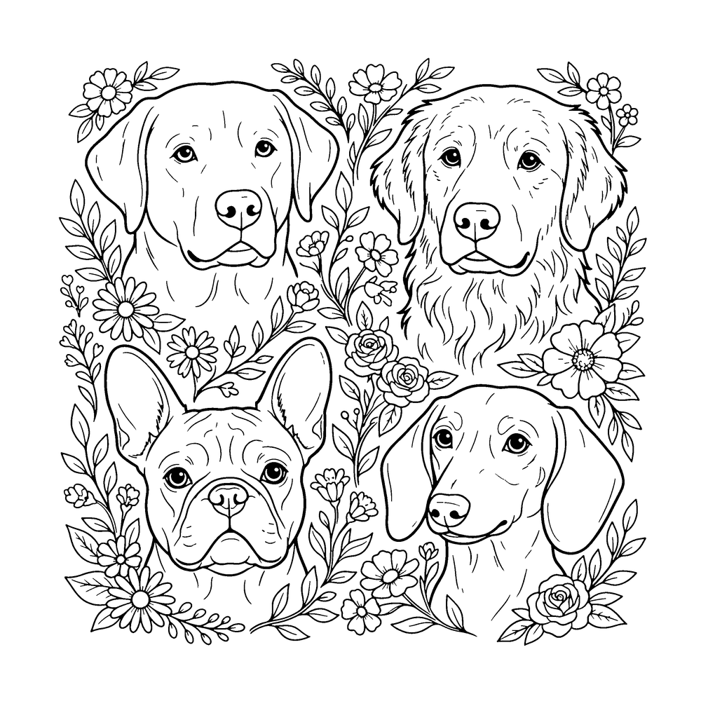 Pet portraits coloring page: breed-accurate head studies (Lab, Golden, Frenchie, Dachshund)