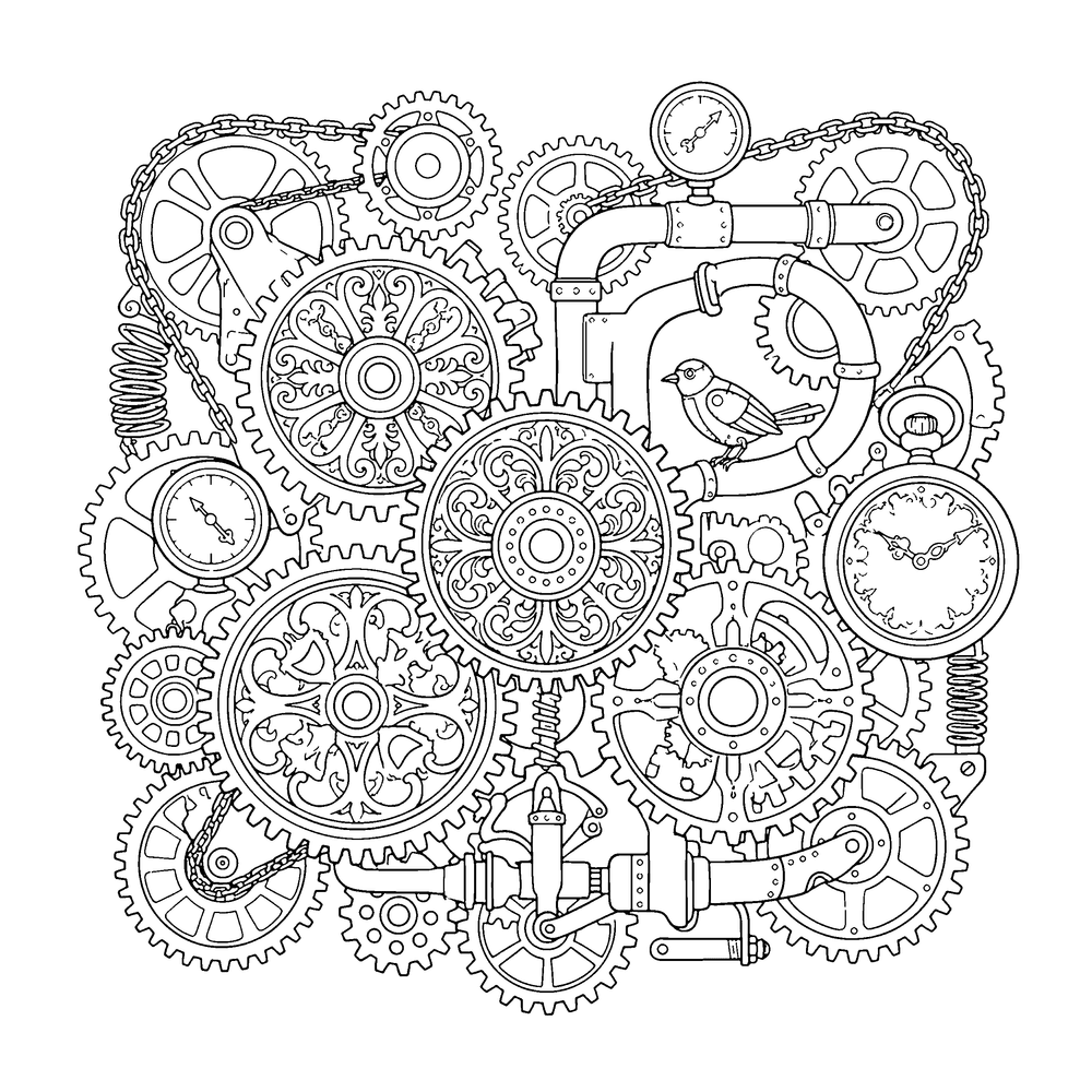 Steampunk coloring page: interlocking clockwork gears and cogs