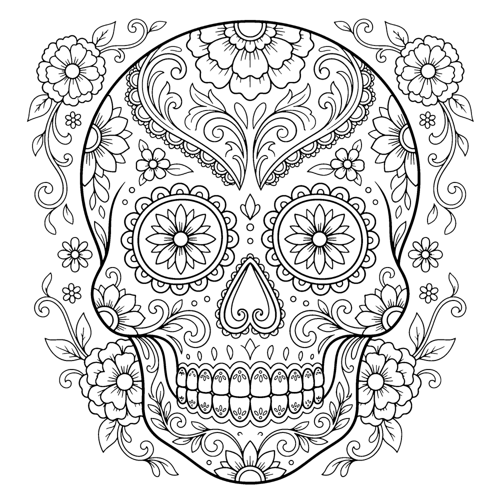 Sugar skulls coloring page: ornately decorated calavera skulls