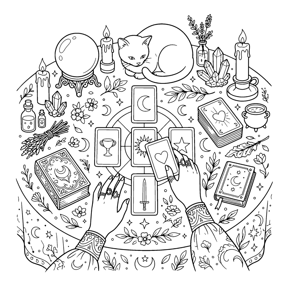 Witchy coloring page: tarot cards and spread layouts