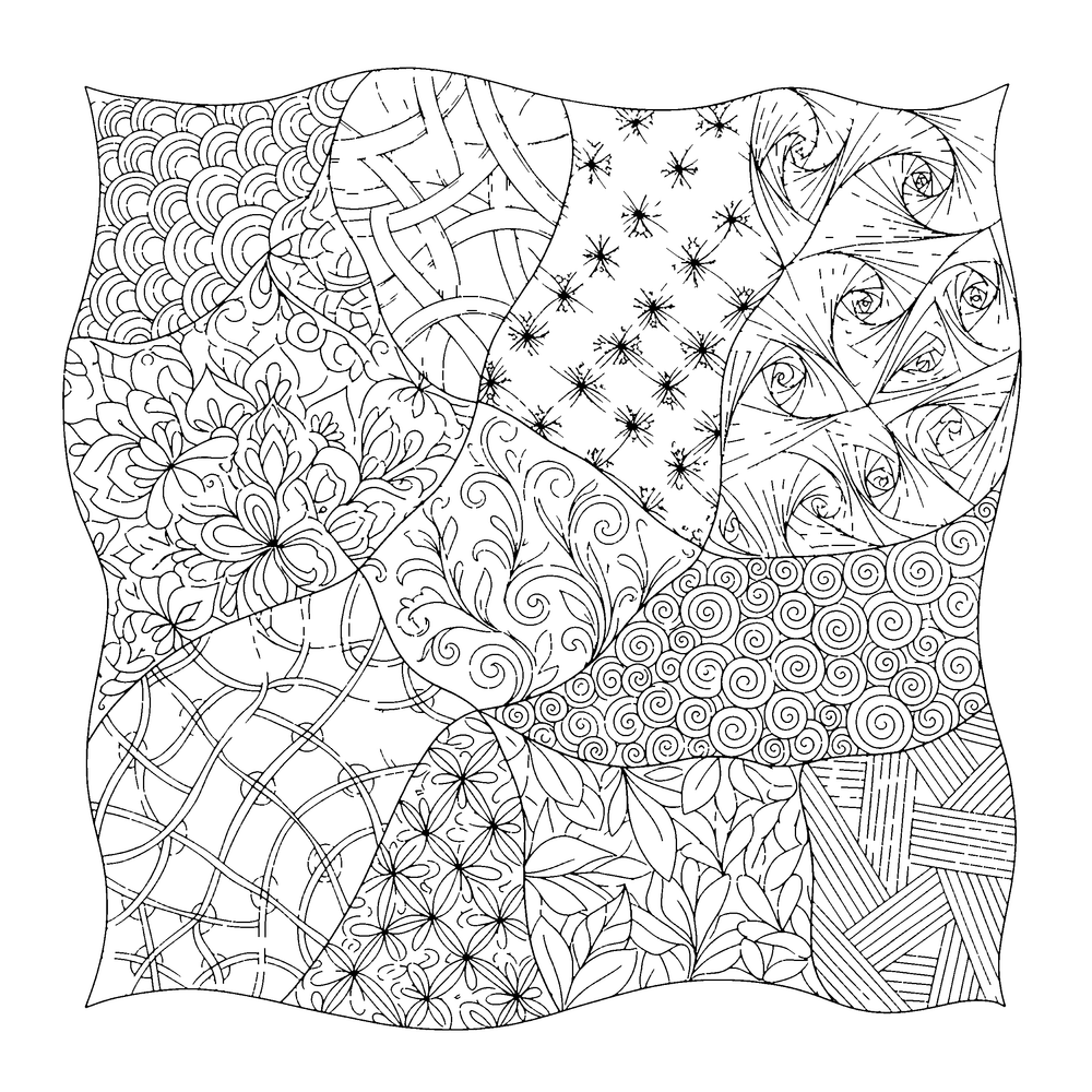 Zentangle coloring page: sectioned areas each filled with a different tangle