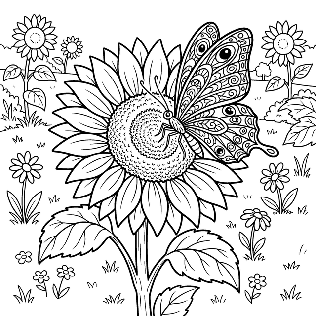 Sunflower and butterfly garden coloring page