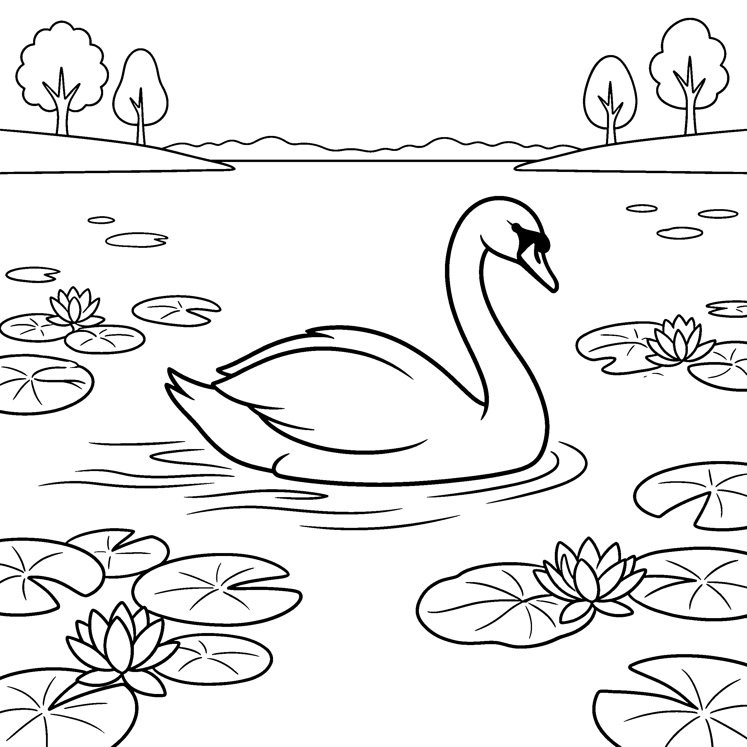 Swan lake coloring page with water lilies