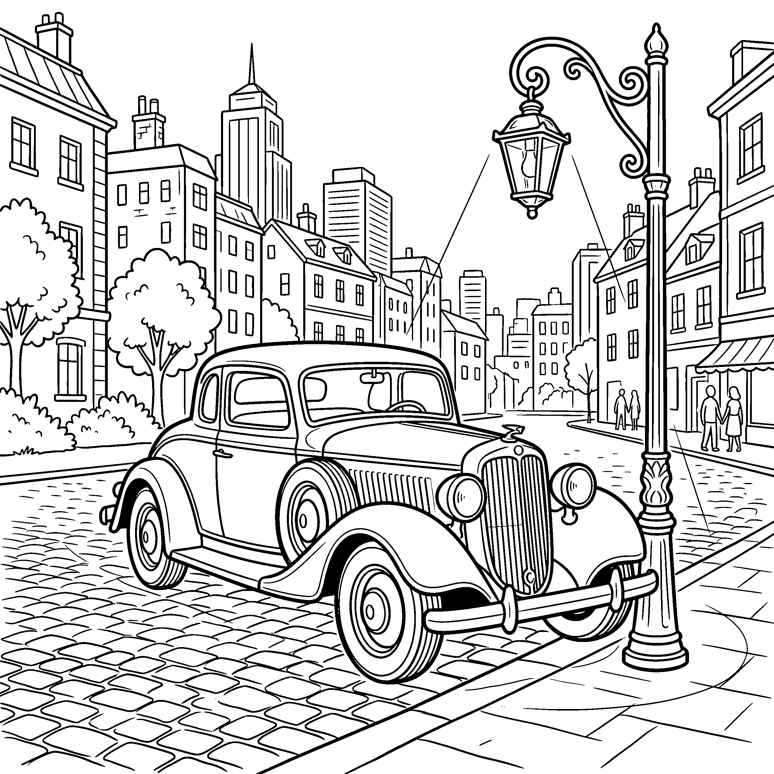Vintage car coloring page on cobblestone city street