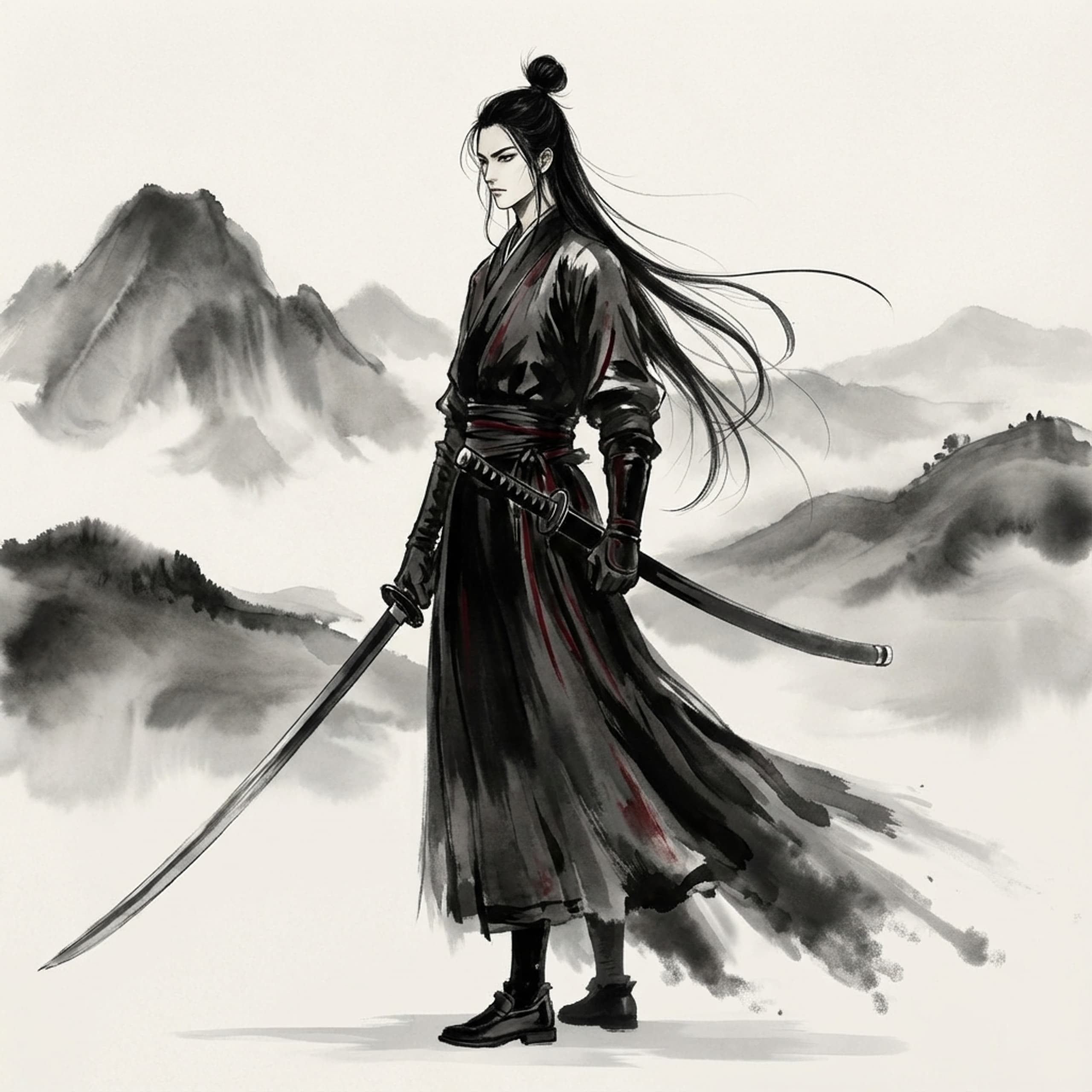 Kaelari Sumari, a lone samurai standing in a mist-covered landscape in traditional ink wash style with bold brushstrokes, minimalistic mountains, and drifting fog