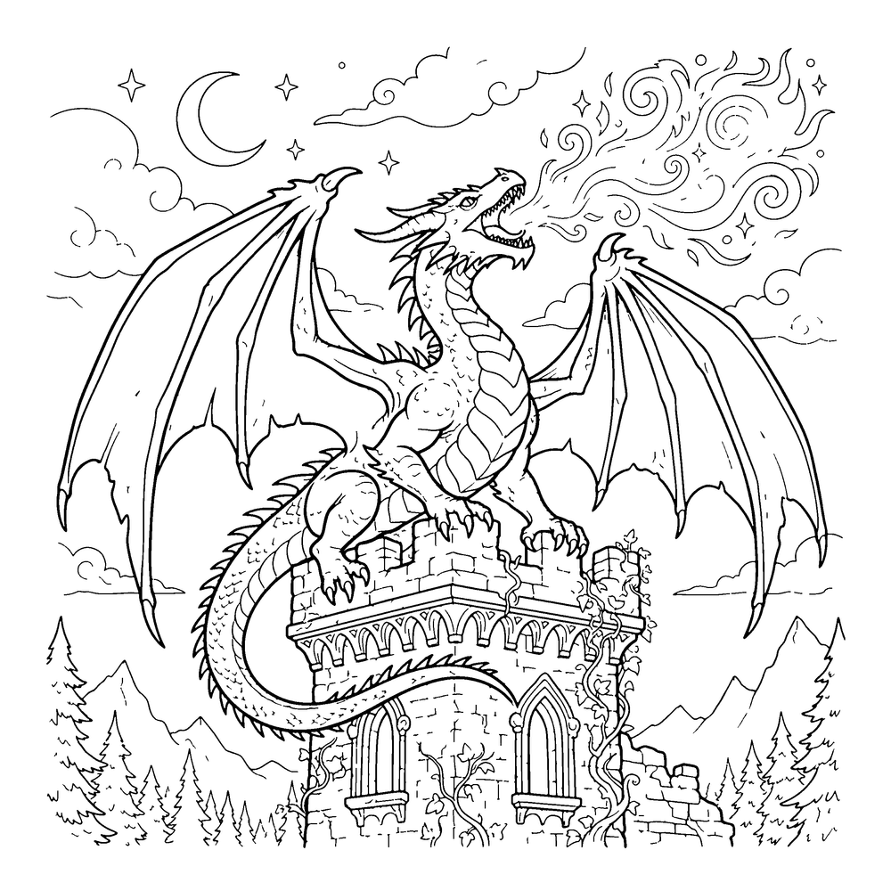 Fantasy coloring page: dragons with textured scales and wings