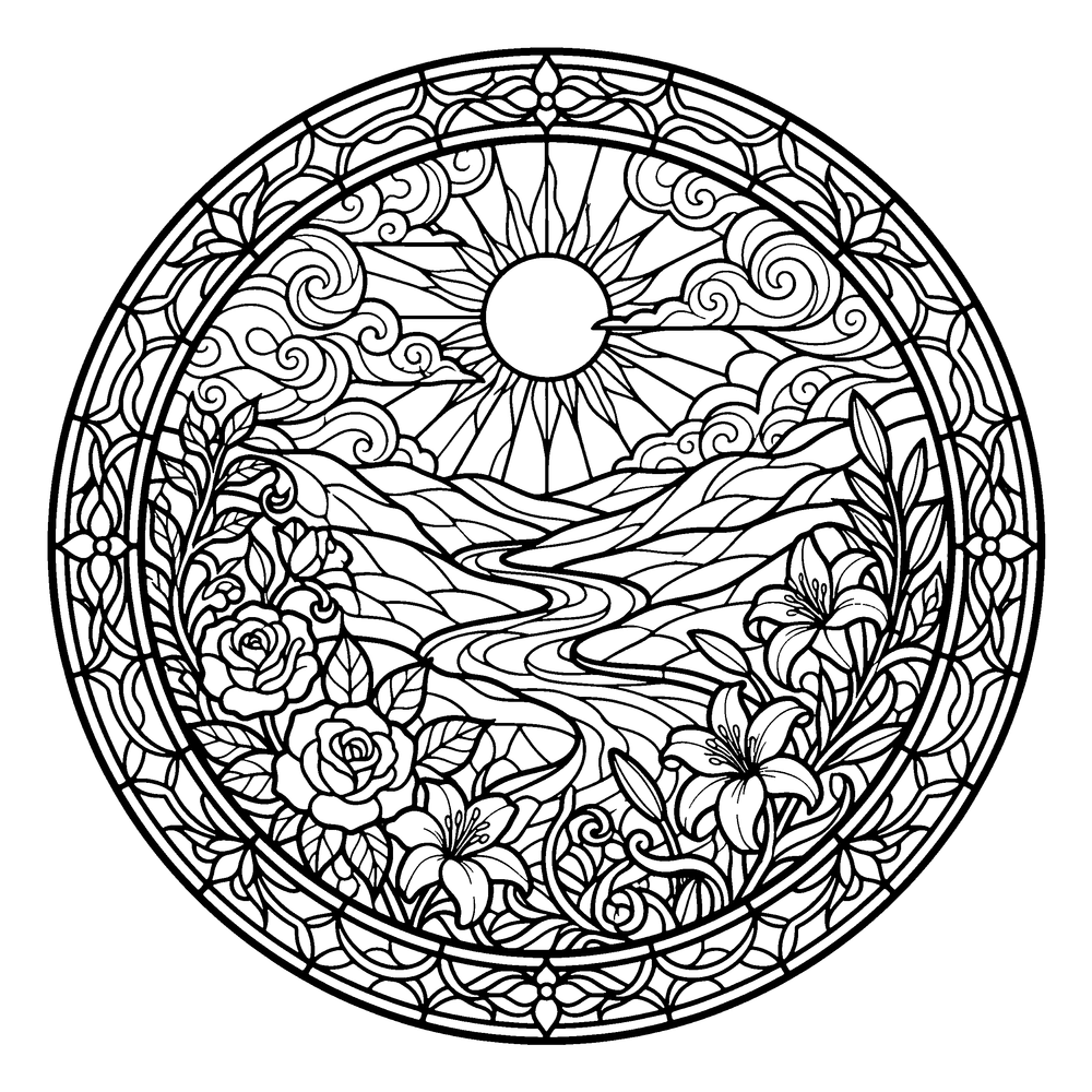 Stained glass coloring page: thick black leading dividing the design into cells