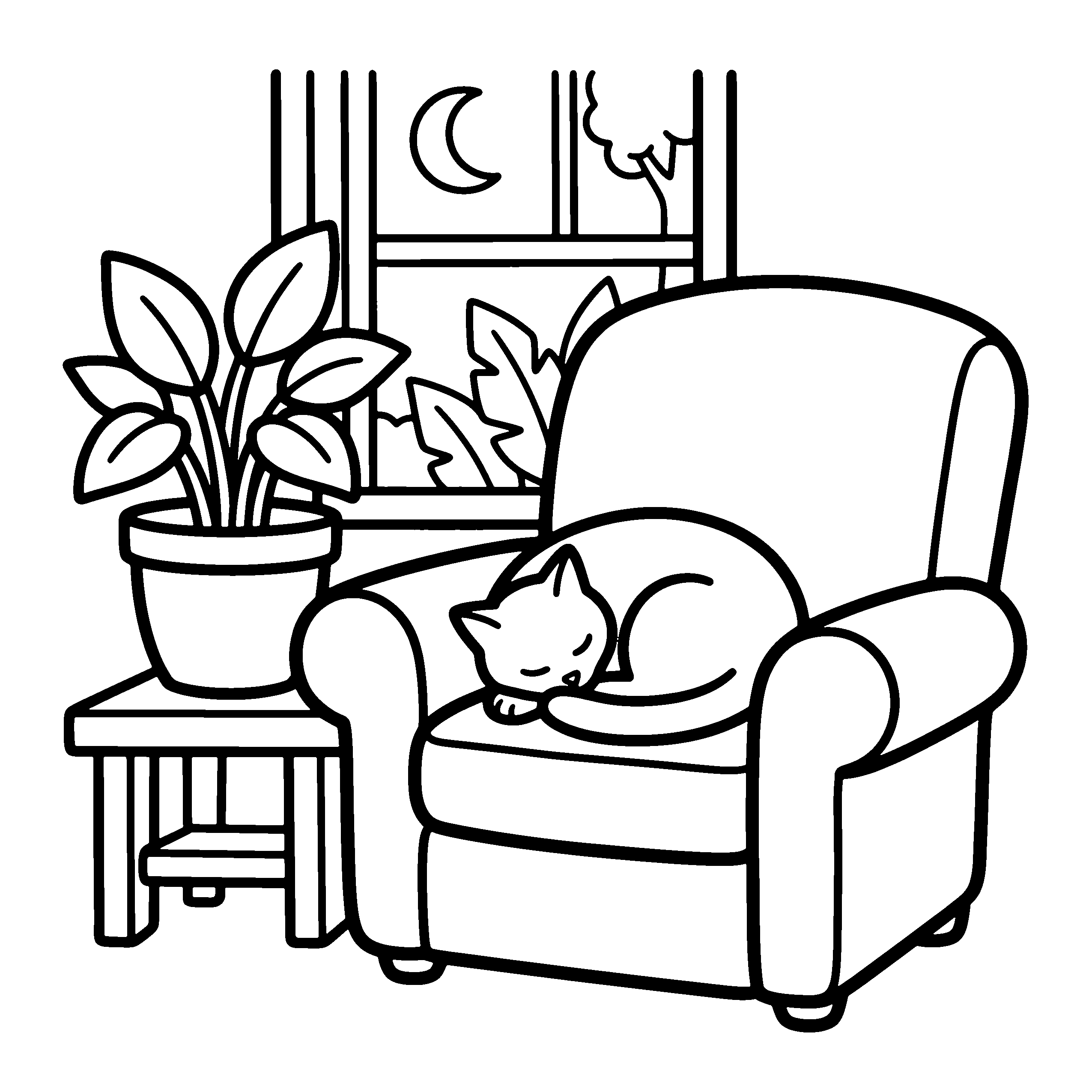 A finished AI coloring page: a cat asleep on an armchair beside a potted plant and a window with a crescent moon, in bold black outlines on pure white with no shading or border